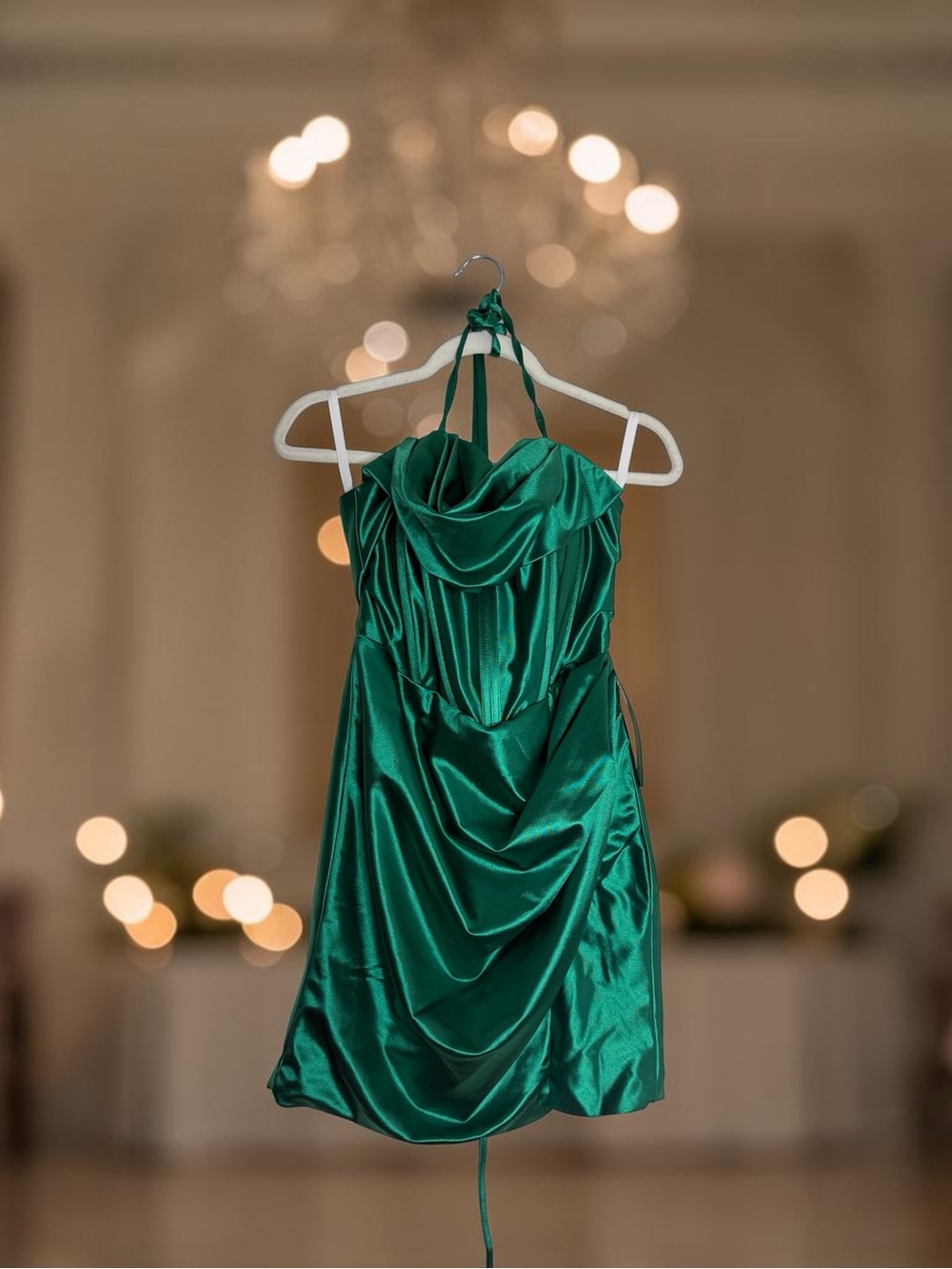 Emerald Green Satin Halter Mini Dress